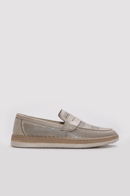 Beige Perforated Leather Casual Loafers for Men | Wessi
