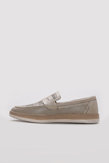 Beige Perforated Leather Casual Loafers for Men | Wessi