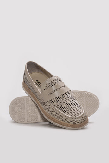 Beige Perforated Leather Casual Loafers for Men | Wessi