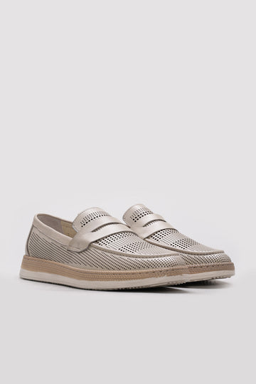 Beige Perforated Leather Casual Loafers for Men | Wessi