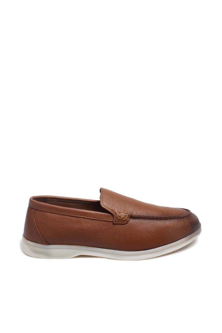 Men's Brown Pebbled Leather Slip-On Loafers with White Sole - Wessi