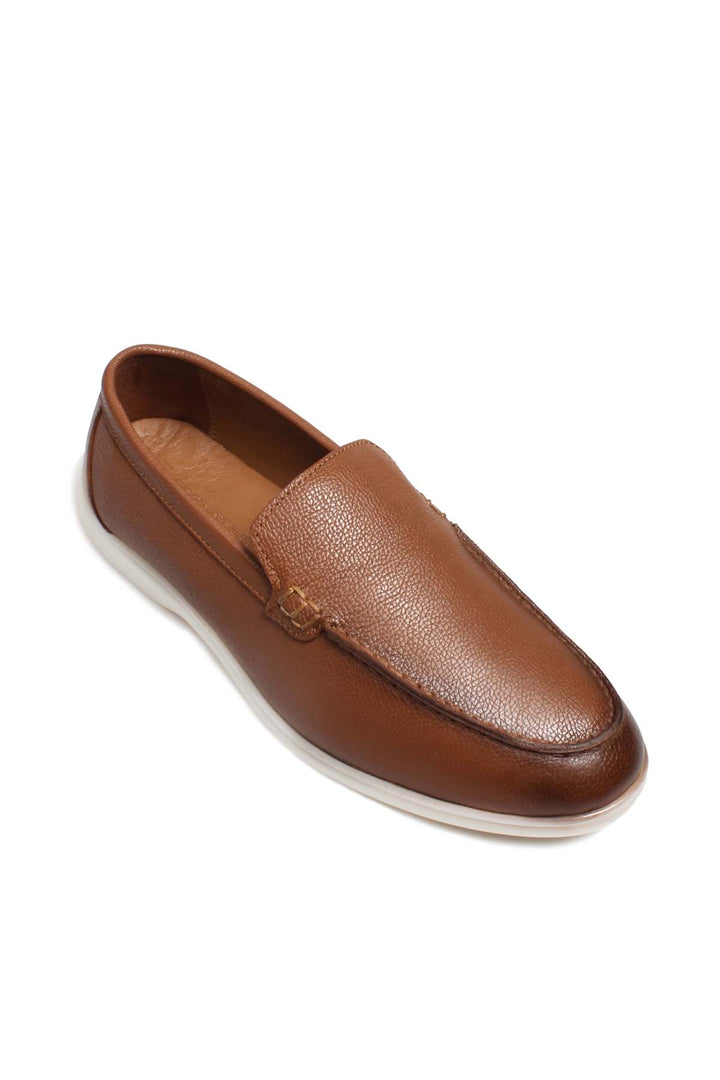 Men's Brown Pebbled Leather Slip-On Loafers with White Sole - Wessi