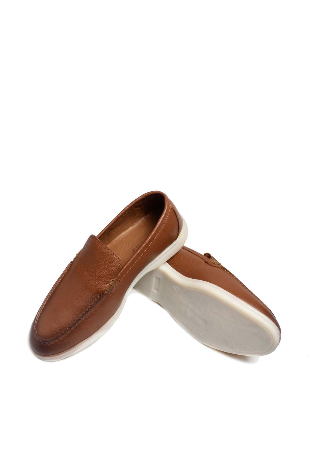 Men's Brown Pebbled Leather Slip-On Loafers with White Sole - Wessi