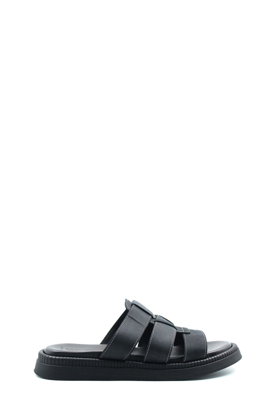 Men's Black Leather Slip-On Slippers with Triple-Strap Design and Cushioned Sole - Wessi