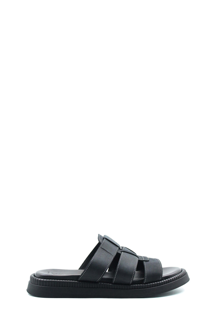 Men's Black Leather Slip-On Slippers with Triple-Strap Design and Cushioned Sole - Wessi