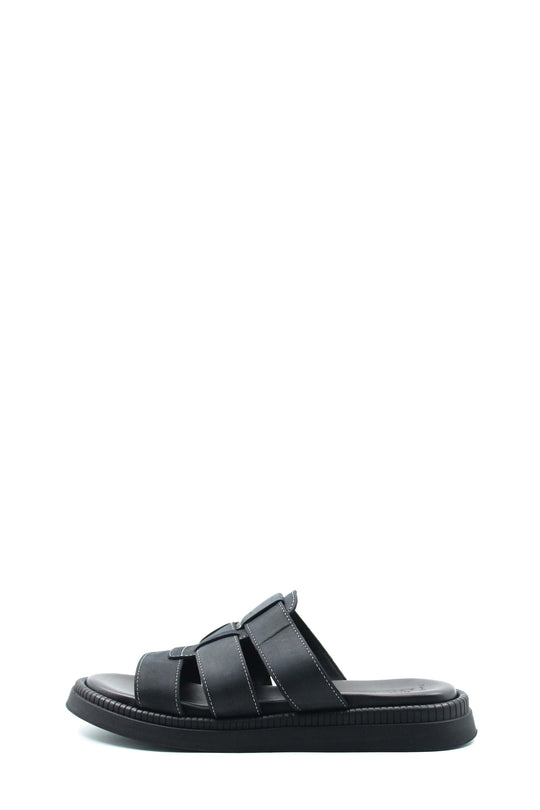 Men's Black Leather Slip-On Slippers with Triple-Strap Design and Cushioned Sole - Wessi