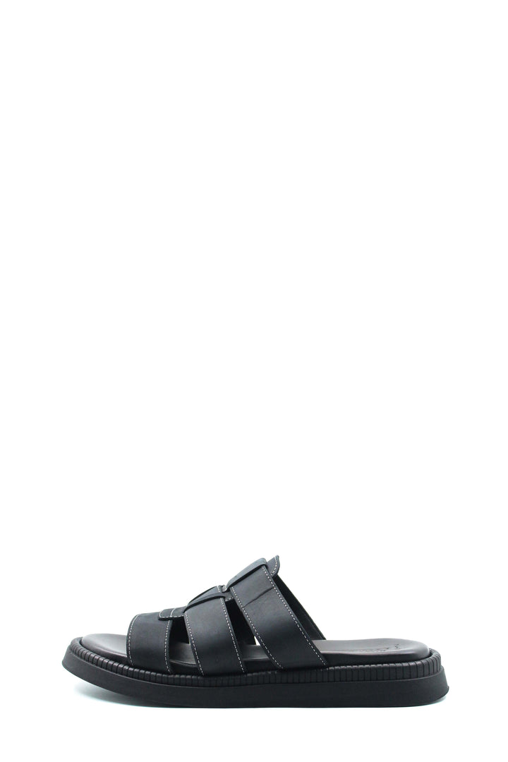 Men's Black Leather Slip-On Slippers with Triple-Strap Design and Cushioned Sole - Wessi