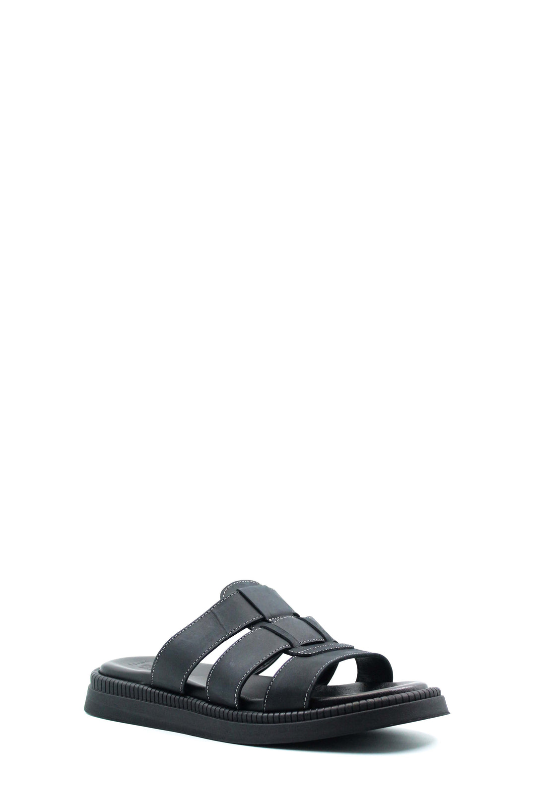 Men's Black Leather Slip-On Slippers with Triple-Strap Design and Cushioned Sole - Wessi