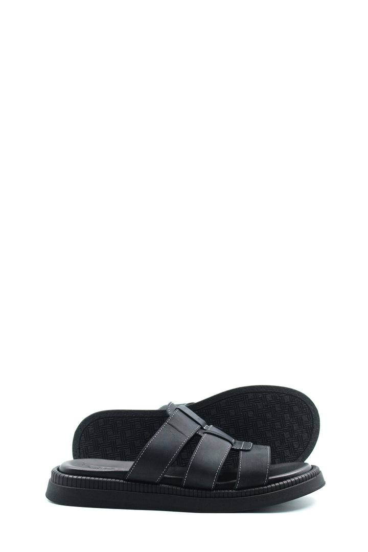 Men's Black Leather Slip-On Slippers with Triple-Strap Design and Cushioned Sole - Wessi