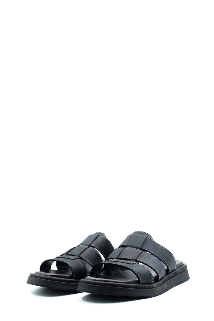 Men's Black Leather Slip-On Slippers with Triple-Strap Design and Cushioned Sole - Wessi