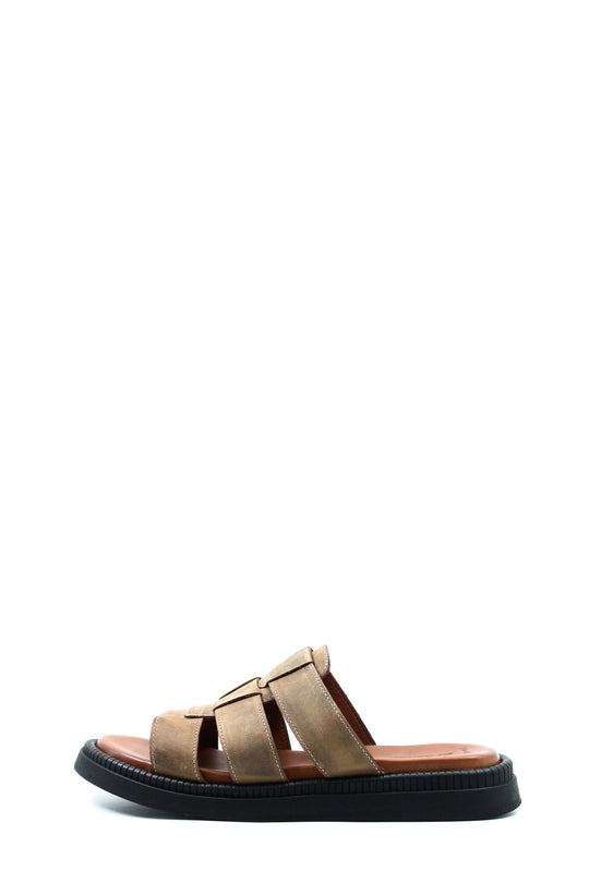 Men's Beige Leather Open Toe Slippers with Parallel Strap Design - Wessi