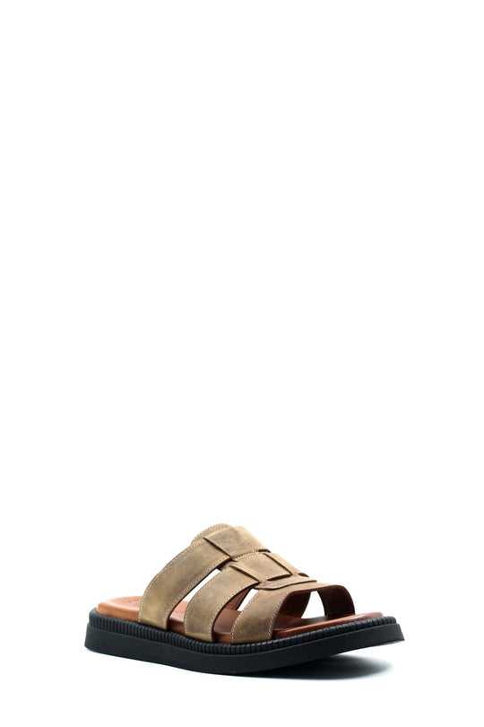 Men's Beige Leather Open Toe Slippers with Parallel Strap Design - Wessi