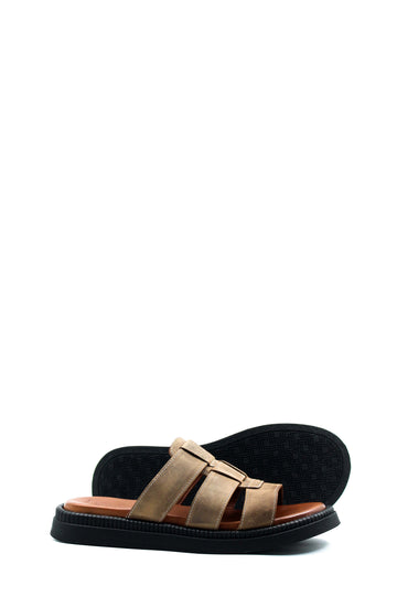 Men's Beige Leather Open Toe Slippers with Parallel Strap Design - Wessi