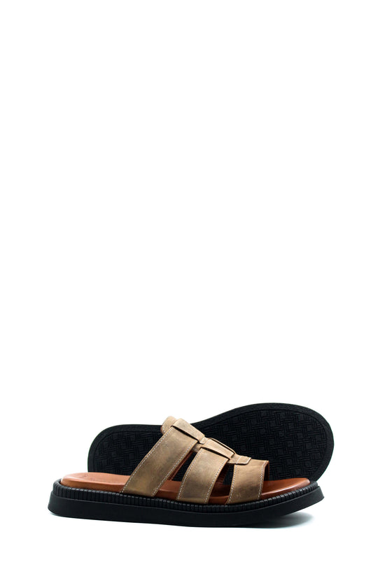 Men's Beige Leather Open Toe Slippers with Parallel Strap Design - Wessi