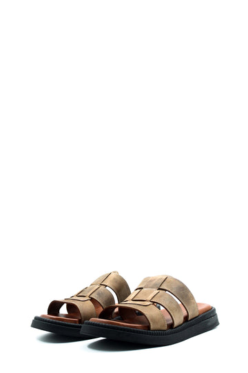 Men's Beige Leather Open Toe Slippers with Parallel Strap Design - Wessi