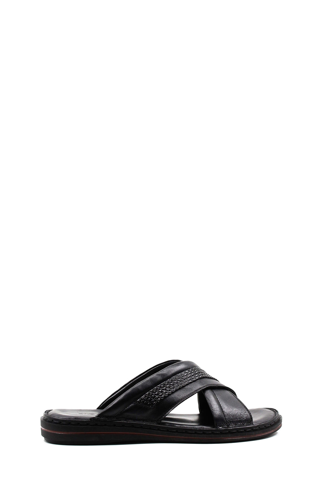 Men's Black Leather Crisscross Slide Slippers with Textured Straps and Cushioned Sole - Wessi