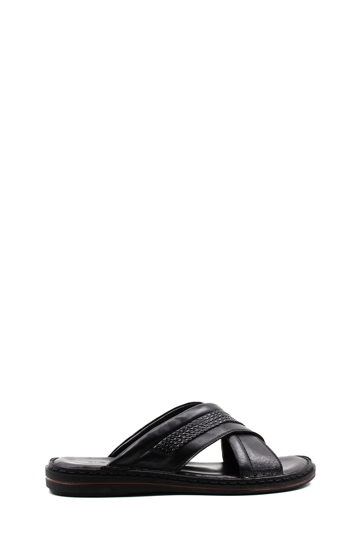 Men's Black Leather Crisscross Slide Slippers with Textured Straps and Cushioned Sole - Wessi