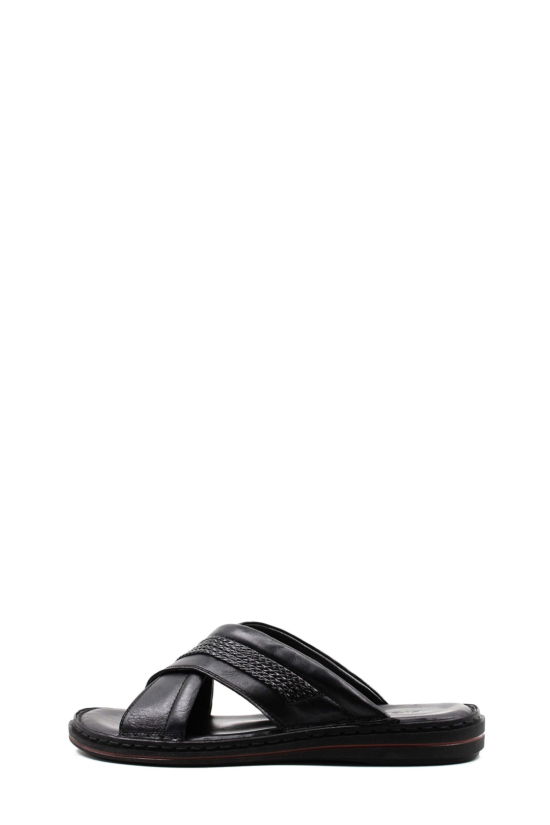 Men's Black Leather Crisscross Slide Slippers with Textured Straps and Cushioned Sole - Wessi
