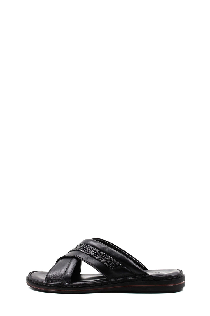 Men's Black Leather Crisscross Slide Slippers with Textured Straps and Cushioned Sole - Wessi