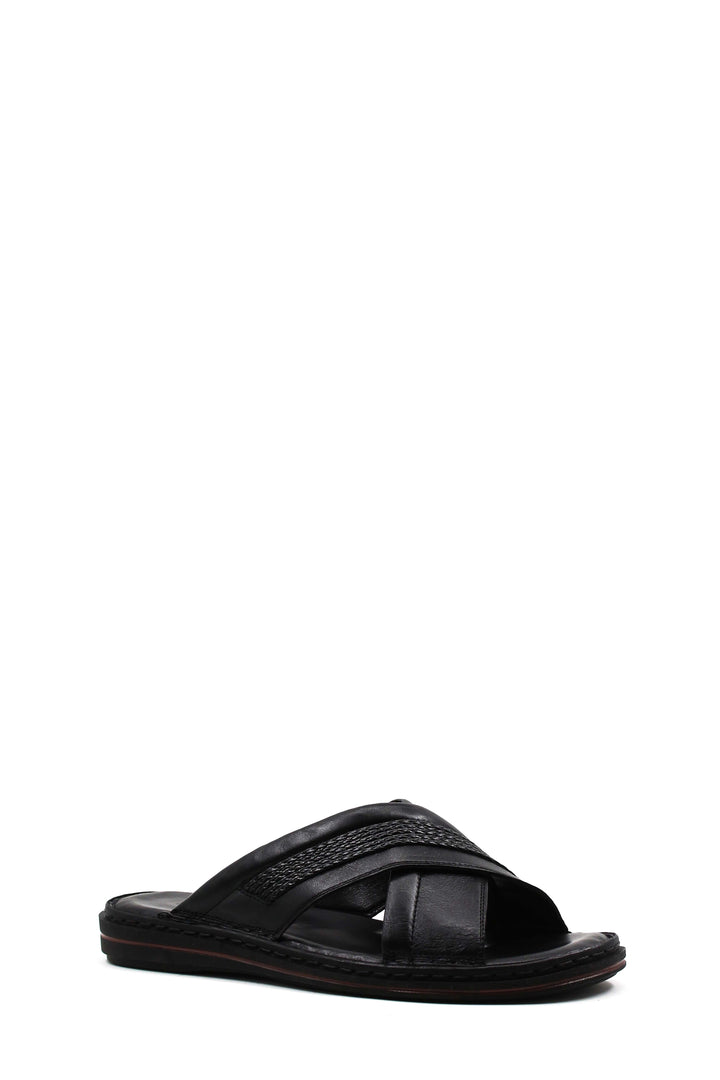Men's Black Leather Crisscross Slide Slippers with Textured Straps and Cushioned Sole - Wessi