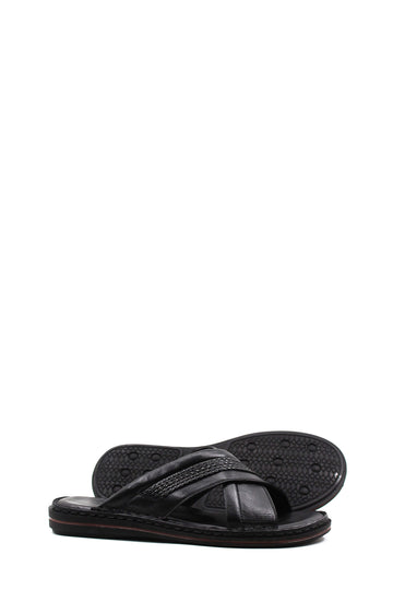 Men's Black Leather Crisscross Slide Slippers with Textured Straps and Cushioned Sole - Wessi