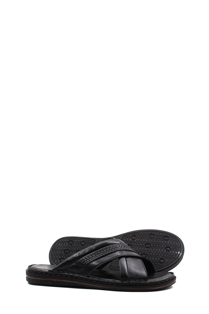 Men's Black Leather Crisscross Slide Slippers with Textured Straps and Cushioned Sole - Wessi