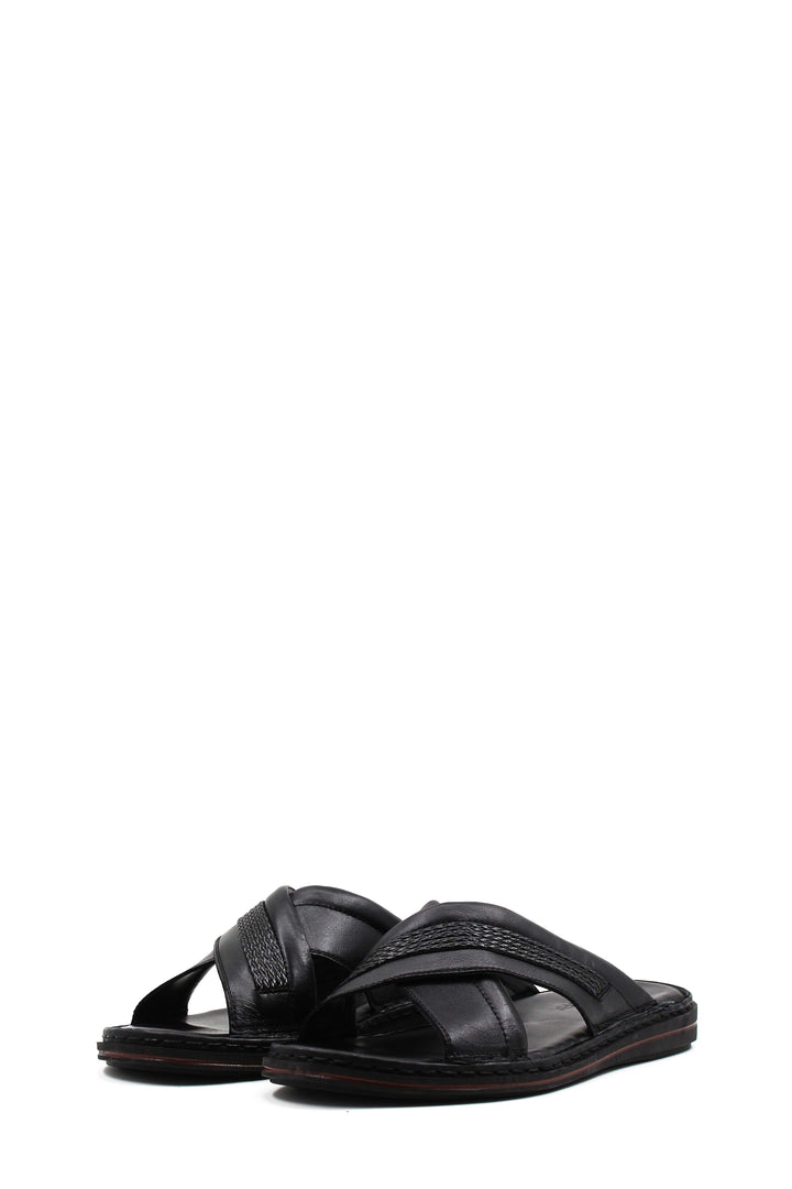 Men's Black Leather Crisscross Slide Slippers with Textured Straps and Cushioned Sole - Wessi