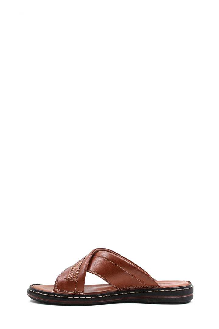 Pantofole da uomo in pelle marrone con design a cinturino incrociato e suola cucita - Wessi