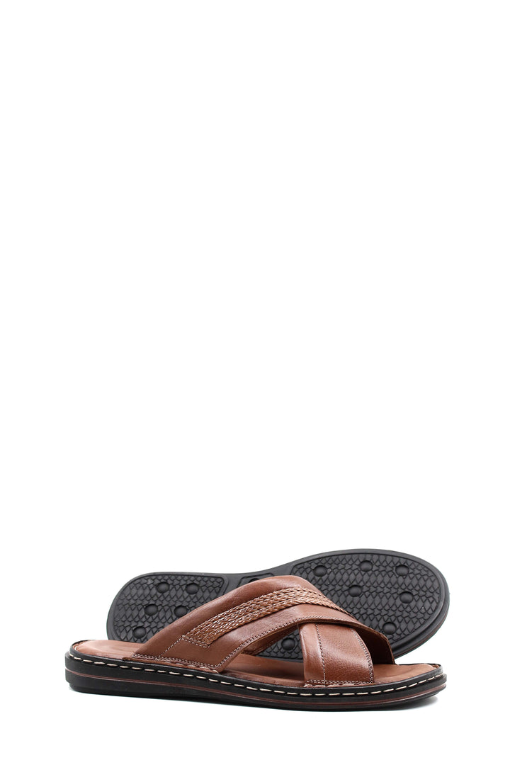Pantofole da uomo in pelle marrone con design a cinturino incrociato e suola cucita - Wessi