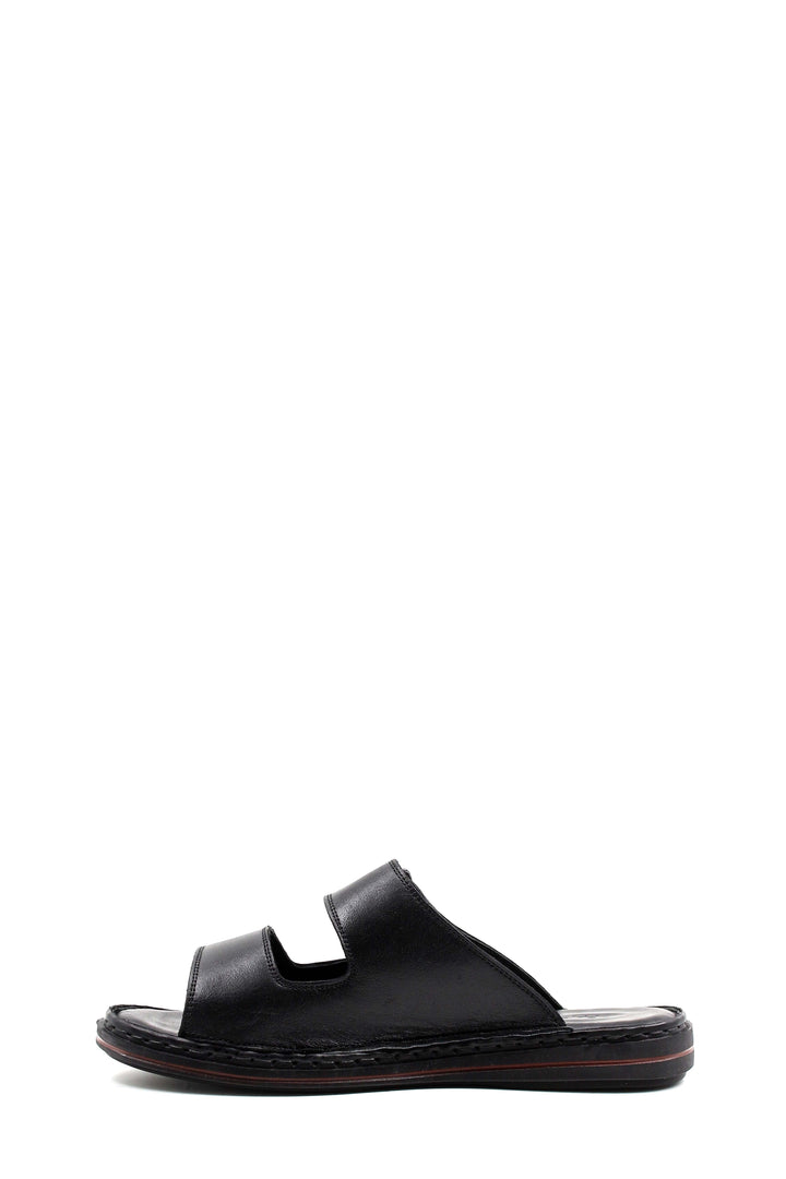 Men's Black Leather Open-Toe Slippers with Adjustable Straps - Wessi