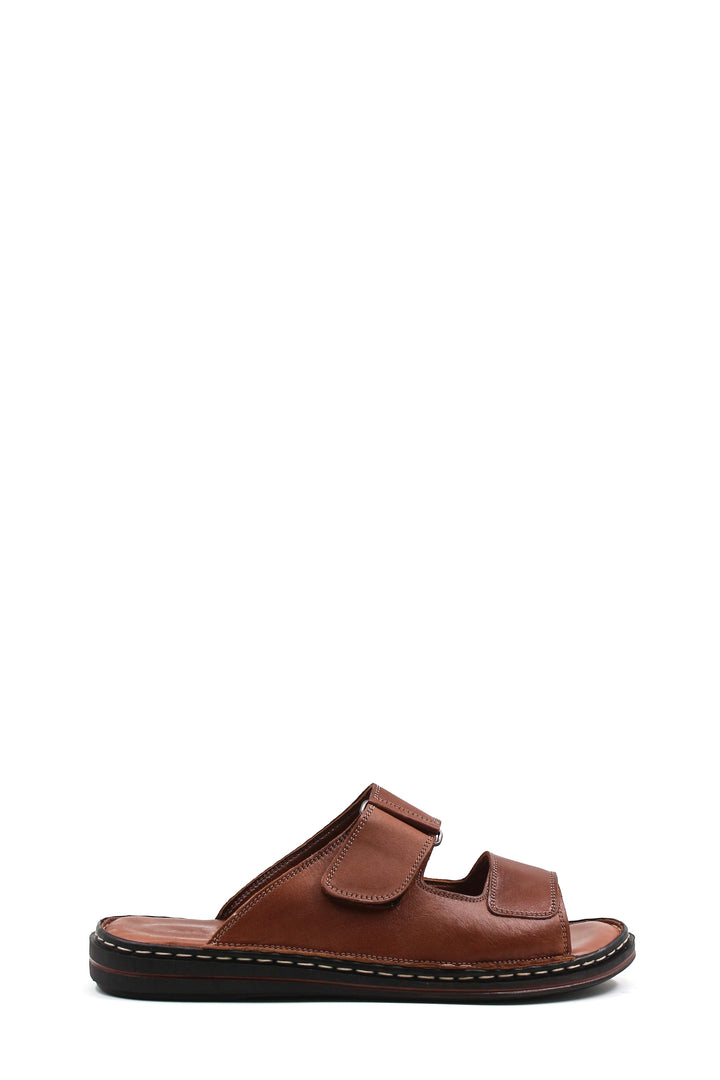 Men's Brown Leather Slippers with Dual Velcro Straps - Wessi