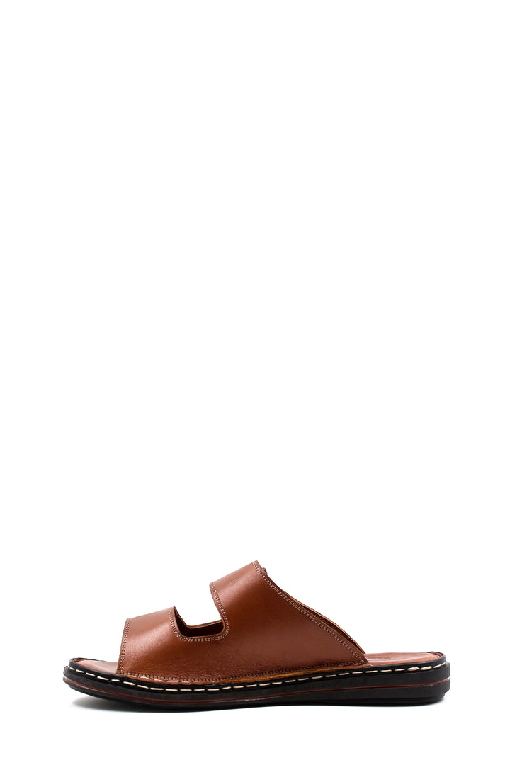 Men's Brown Leather Slippers with Dual Velcro Straps - Wessi