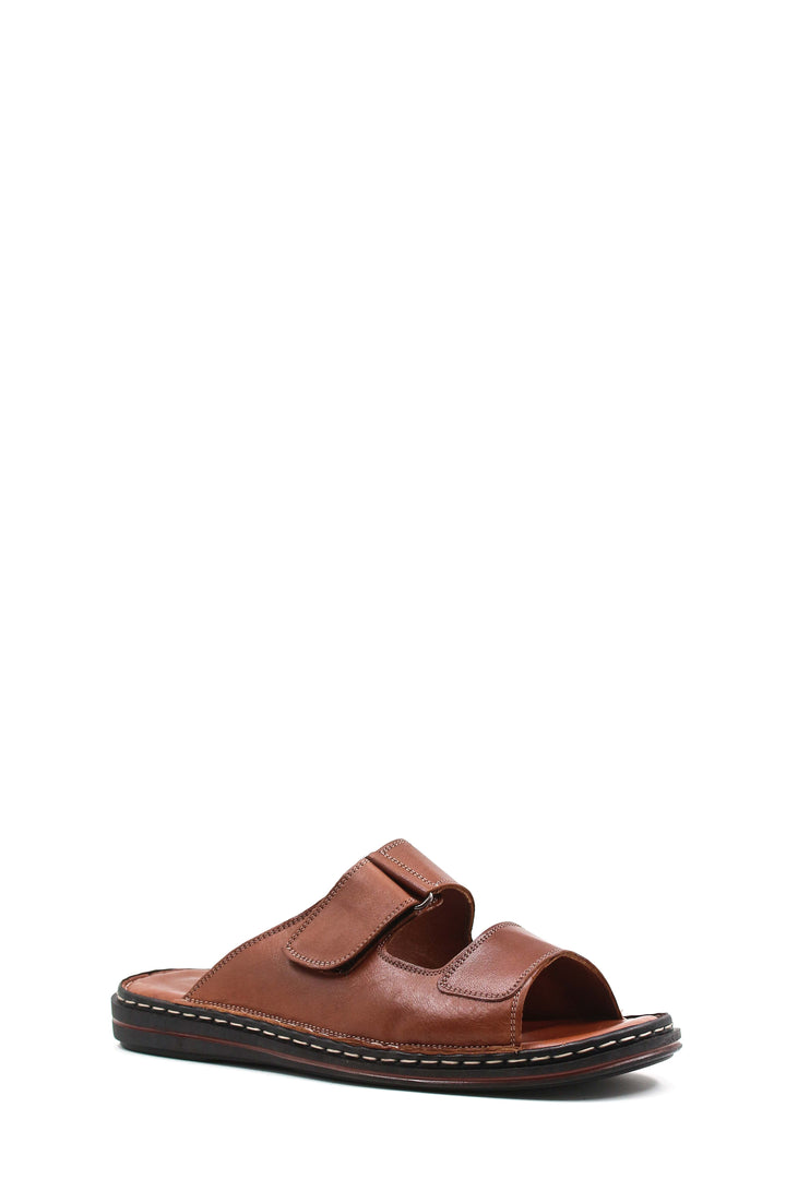 Men's Brown Leather Slippers with Dual Velcro Straps - Wessi