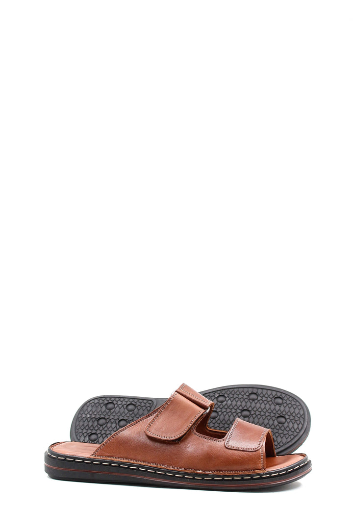 Men's Brown Leather Slippers with Dual Velcro Straps - Wessi