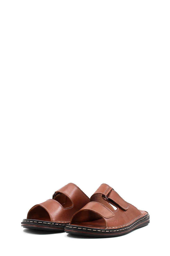 Men's Brown Leather Slippers with Dual Velcro Straps - Wessi