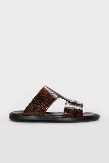 Brown Reptile-Textured Leather Double-Band Slides for Men | Wessi