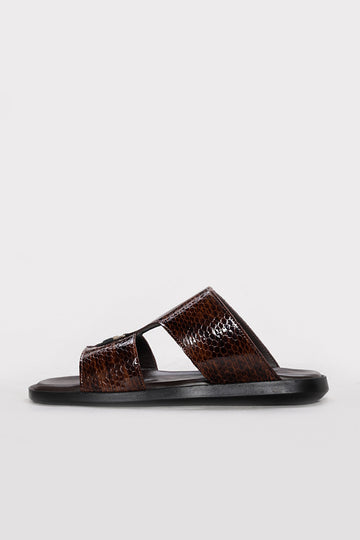 Brown Reptile-Textured Leather Double-Band Slides for Men | Wessi