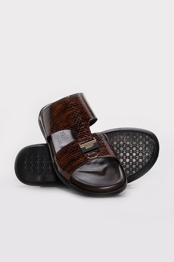 Brown Reptile-Textured Leather Double-Band Slides for Men | Wessi
