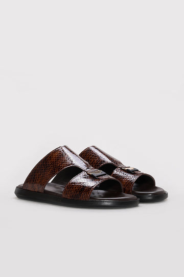 Brown Reptile-Textured Leather Double-Band Slides for Men | Wessi