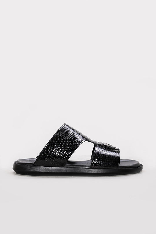 Black Embossed Leather Double-Strap Sandals for Men | Wessi