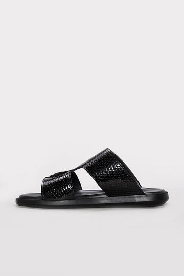 Black Embossed Leather Double-Strap Sandals for Men | Wessi