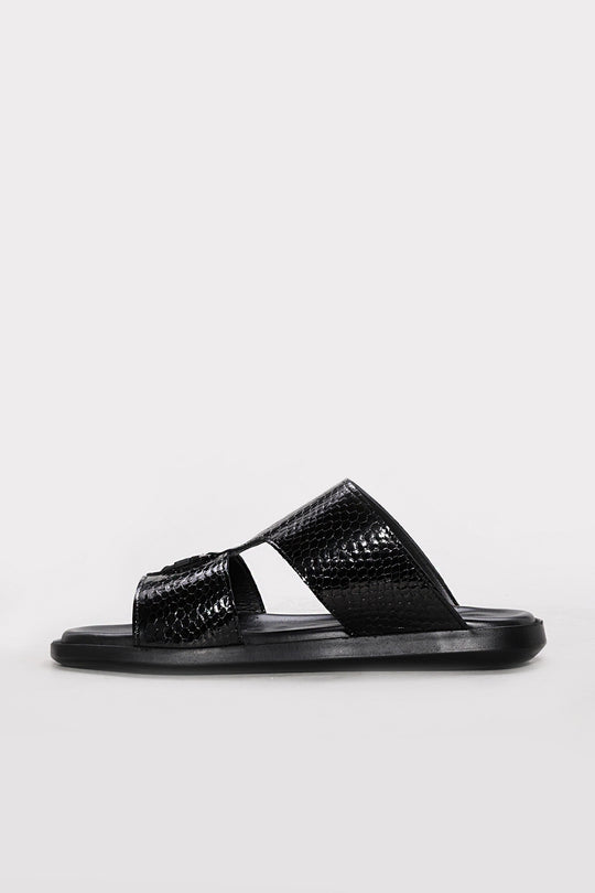 Black Embossed Leather Double-Strap Sandals for Men | Wessi