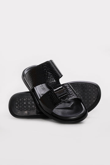 Black Embossed Leather Double-Strap Sandals for Men | Wessi