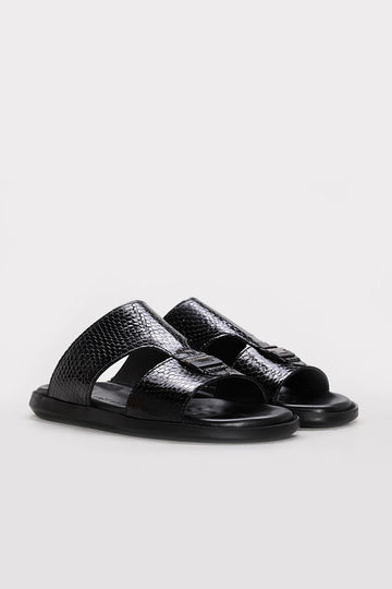 Black Embossed Leather Double-Strap Sandals for Men | Wessi
