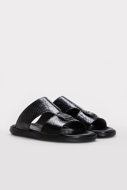 Black Embossed Leather Double-Strap Sandals for Men | Wessi