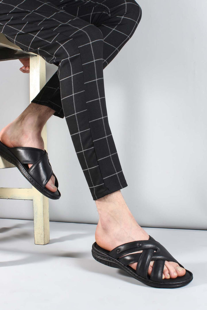 Men's Black Leather Crisscross Strap Slippers - Wessi