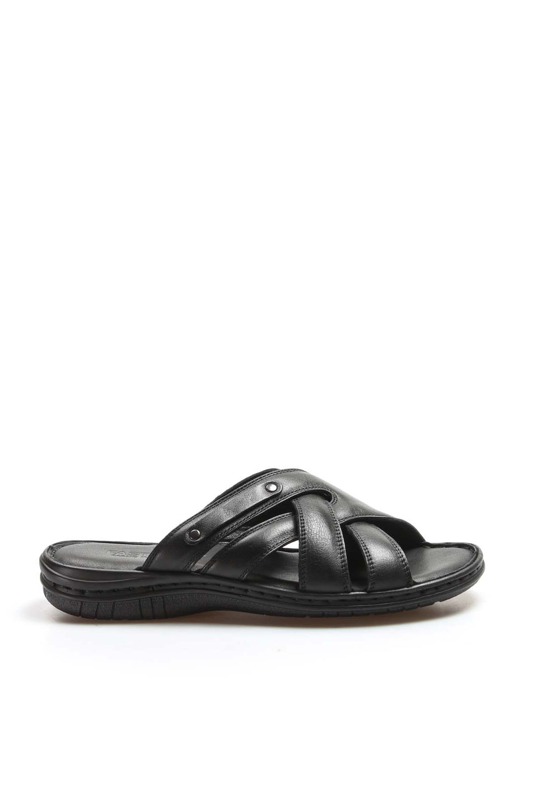 Men's Black Leather Crisscross Strap Slippers - Wessi