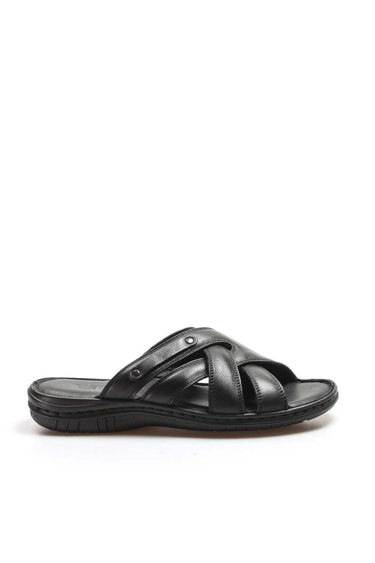 Men's Black Leather Crisscross Strap Slippers - Wessi