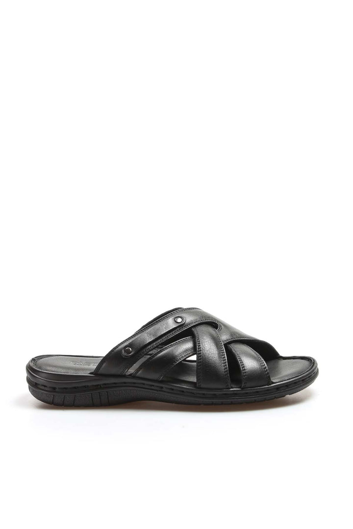 Men's Black Leather Crisscross Strap Slippers - Wessi