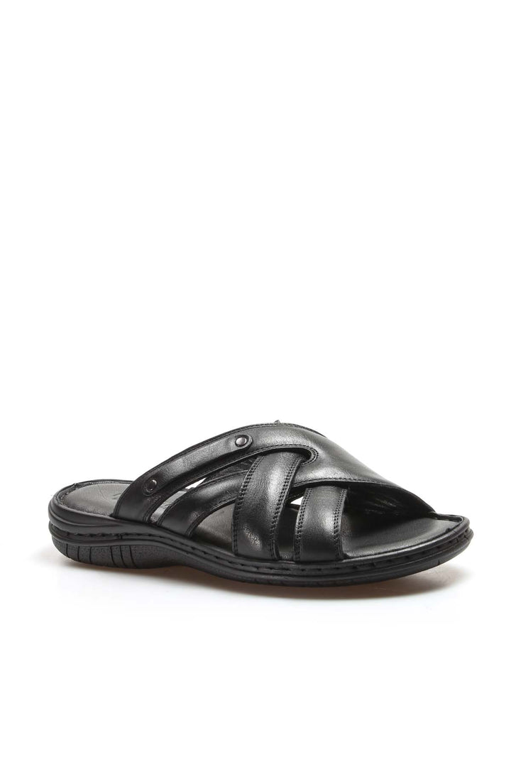 Men's Black Leather Crisscross Strap Slippers - Wessi
